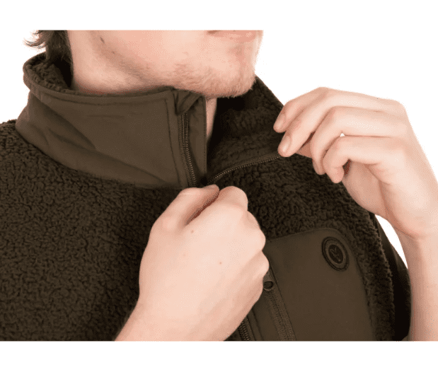 Fleecejacke, Reißverschluss, Hoher Kragen, Olivgrün, Fleecestruktur