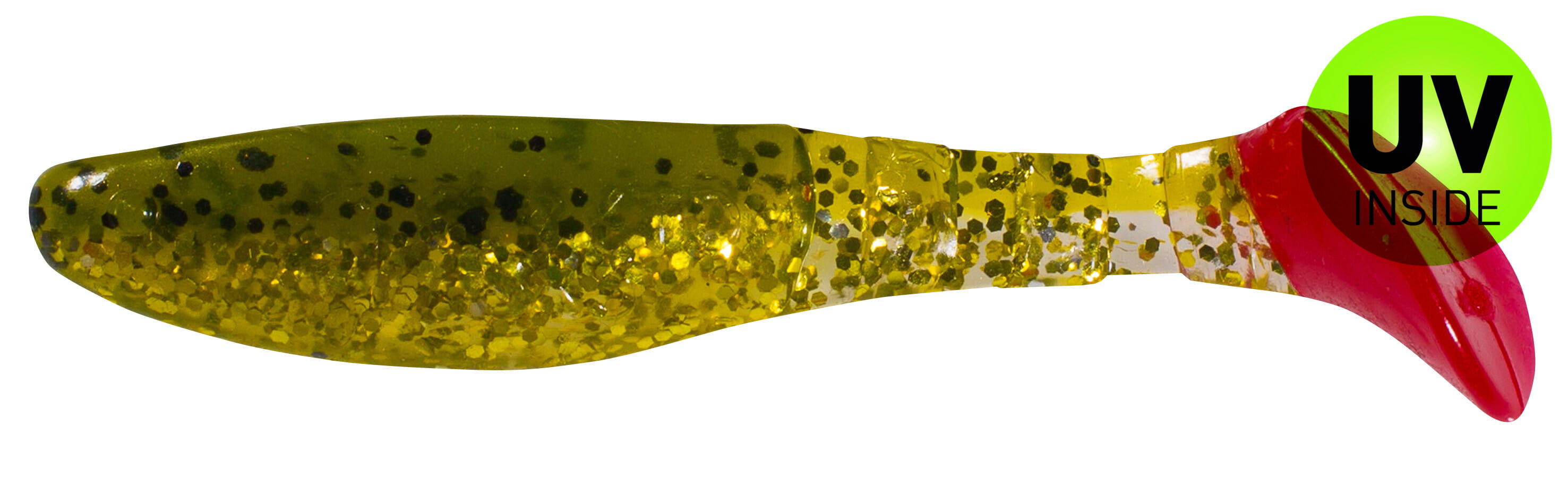 SX Relax Kopyto Classic 8cm (3") Dunkelgrün Glitter Klar Gold Glitter Red Tail 10 Stück, weiche Plastik lure, Glitzer, grün-gelb, Schwimmboie, UV, innen roter Schwanz