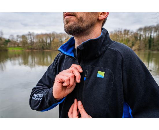 Fleece-Jacke, Reißverschluss, marineblau, See-Hintergrund, Patch-Patch