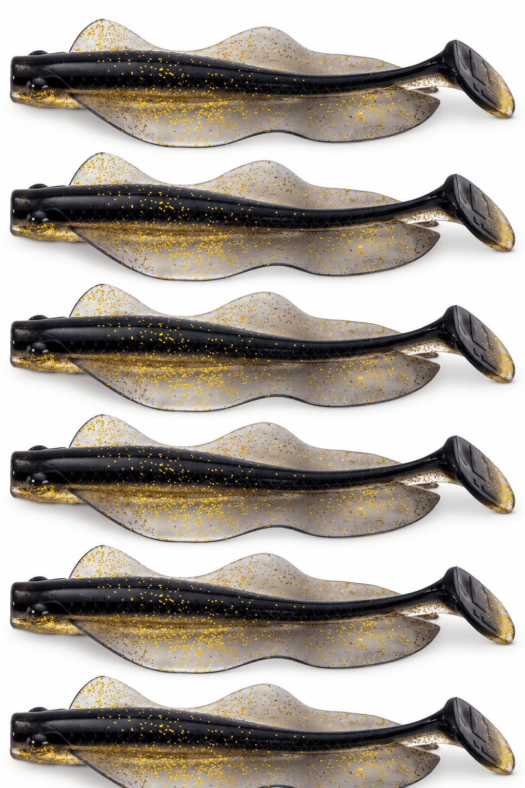 Iron Claw Barsch & Zander Wave Glider 7cm Golden Nugget 6 Stück, Gummiköder, Paddelschwanz, transluzent grau, Goldflitter, schwarzer Rücken