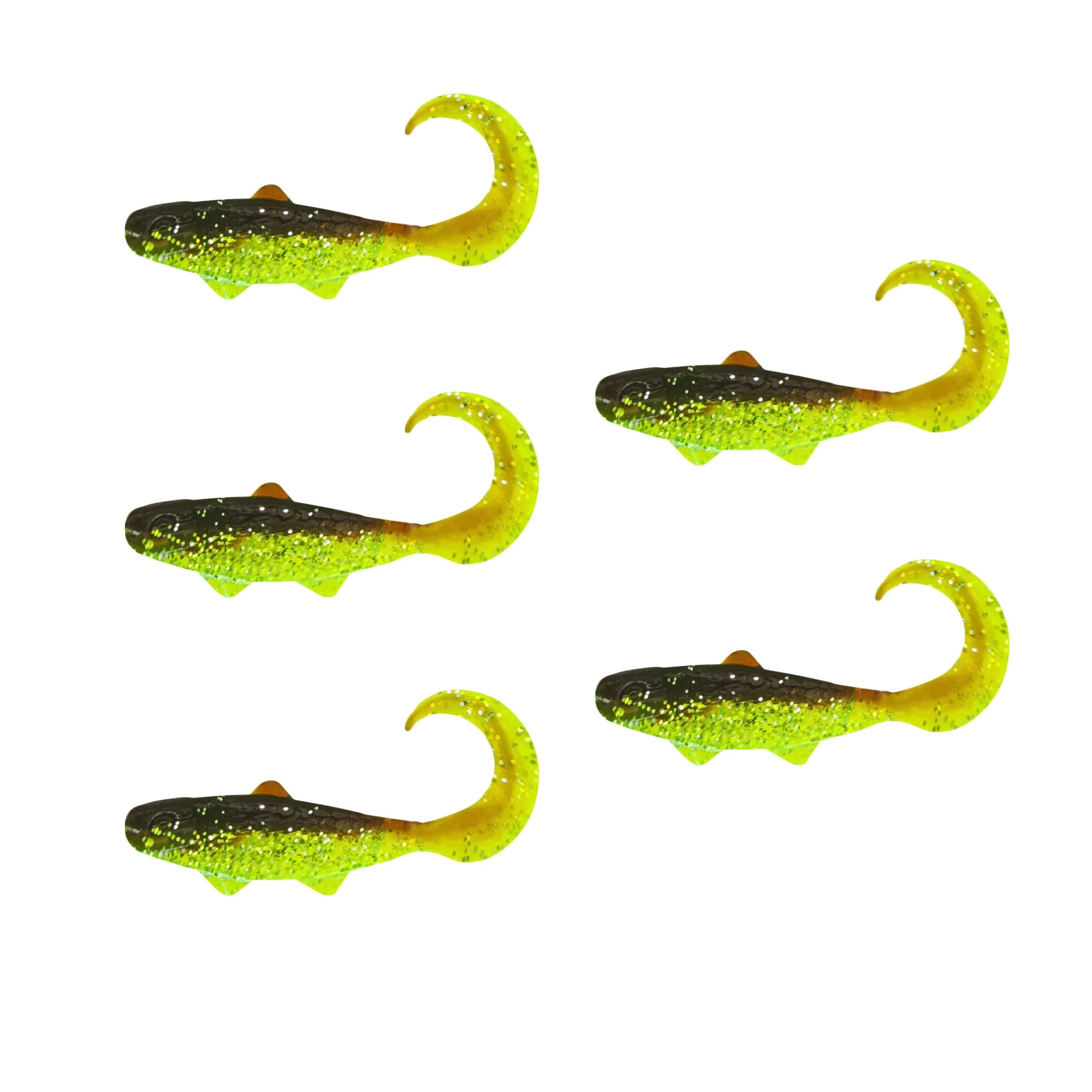 Relax Banjo Twister  3,5 cm (1,5") Chartreuse-Glitter / Motoroil-Glitter 5 Stück, Köderfisch, Gummiköder, Angeln, Neon Gelb, Salmon-Farbverlauf