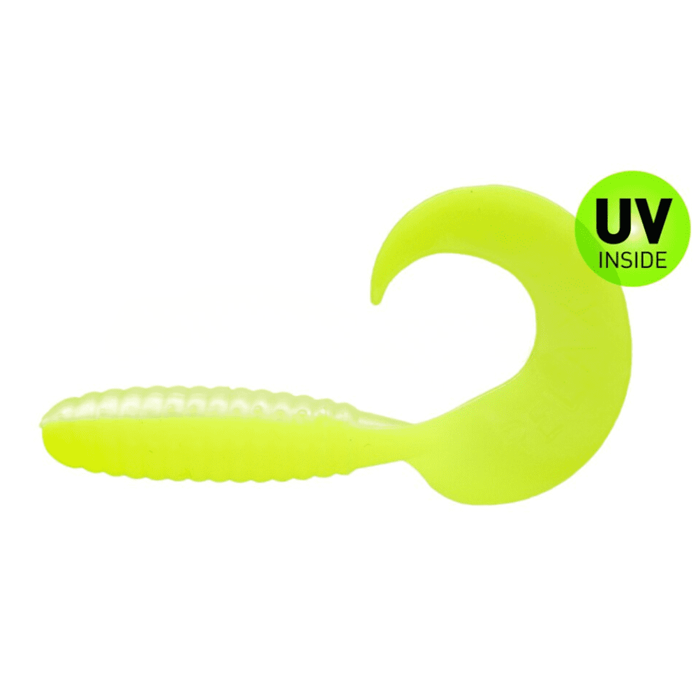 Gummi-Lockensmus, Angellersjig, Neon-Grün, UV-Innen, gerippter Schwanz