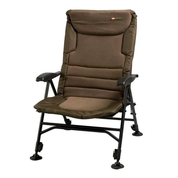 JRC Defender II Relaxa Recliner Arm Chair 150kg, Campingstuhl, Gepolstert, Braun, Verstellbare Rückenlehne, Schwarzes Metallgestell