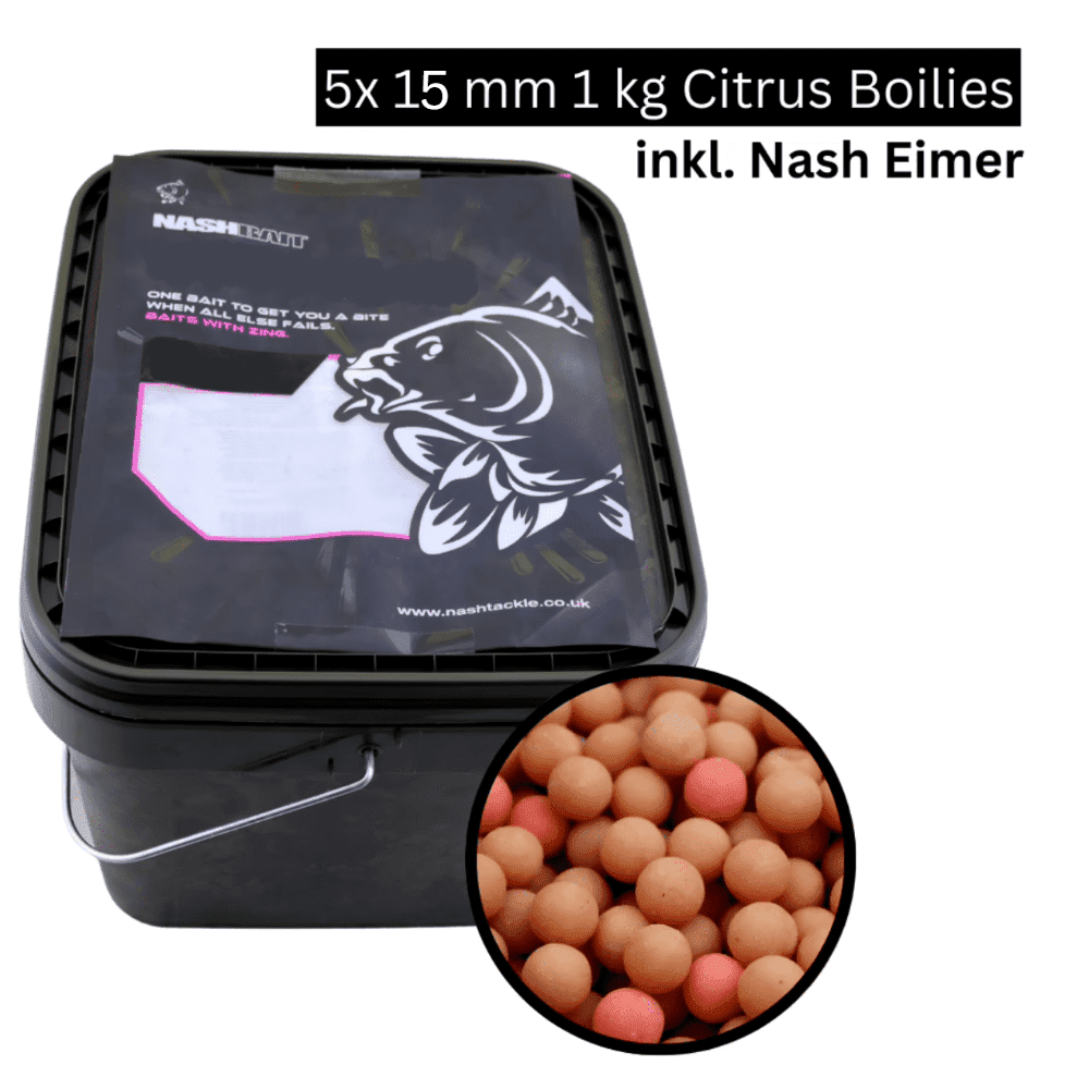 Boilie Performance Paket - 5x 15 mm 1 kg Citruz Boilies + Nash 10 Liter Kübel