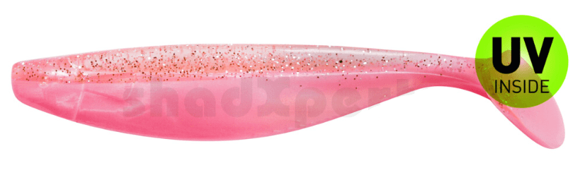 soft-plastic lure, pink color, glitter pattern, UV inside, curved shape