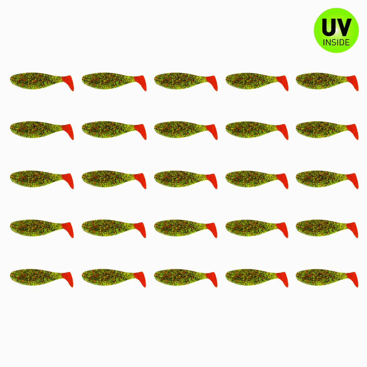 fishing lure, soft plastic, green red, patterned, mulitple