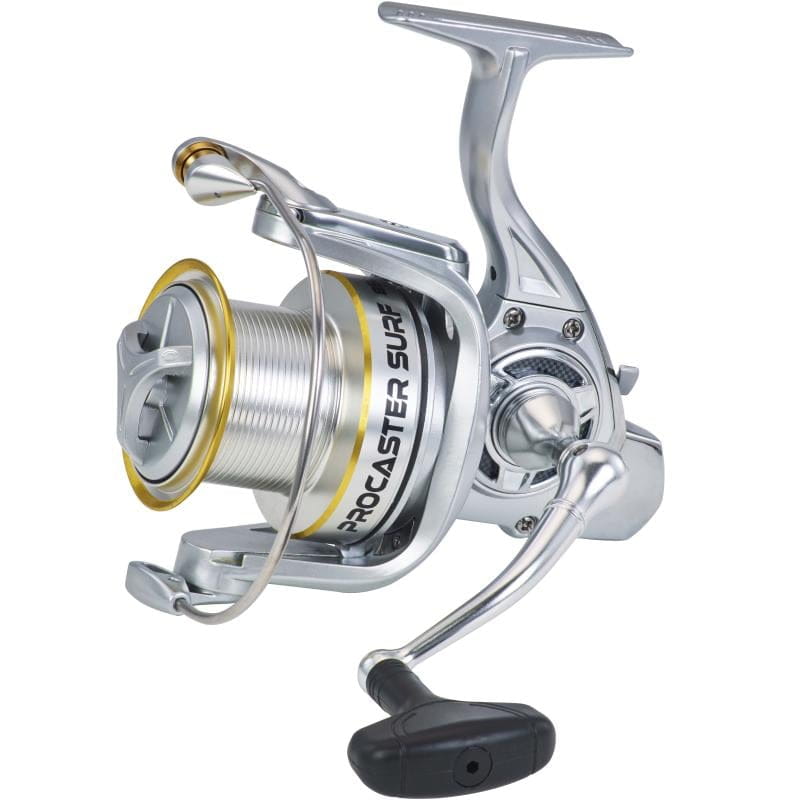 Ryobi Procaster Surf 8500 Brandungsroll, Stationäre Angelrolle, Silberfarben, Metallspule, Goldene Akzente, Kurbelgriff