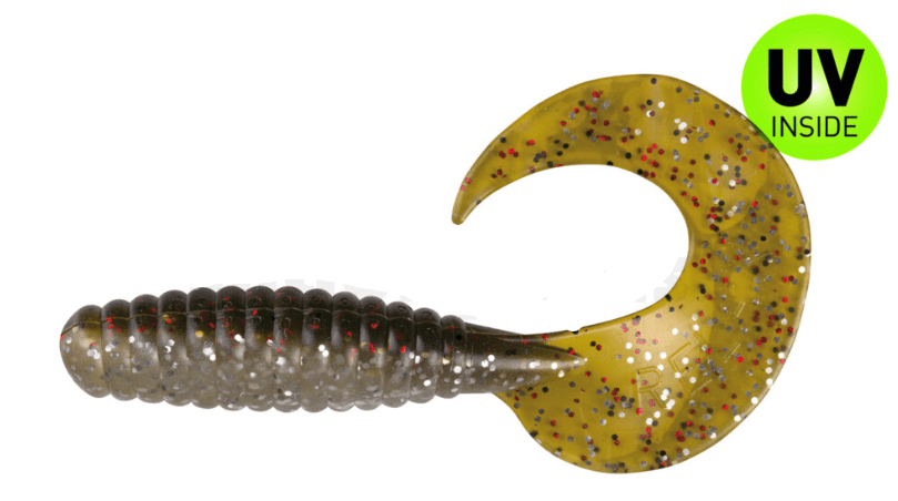 soft plastic lure, tail hook, curve grub, glitter pattern, yellow grey