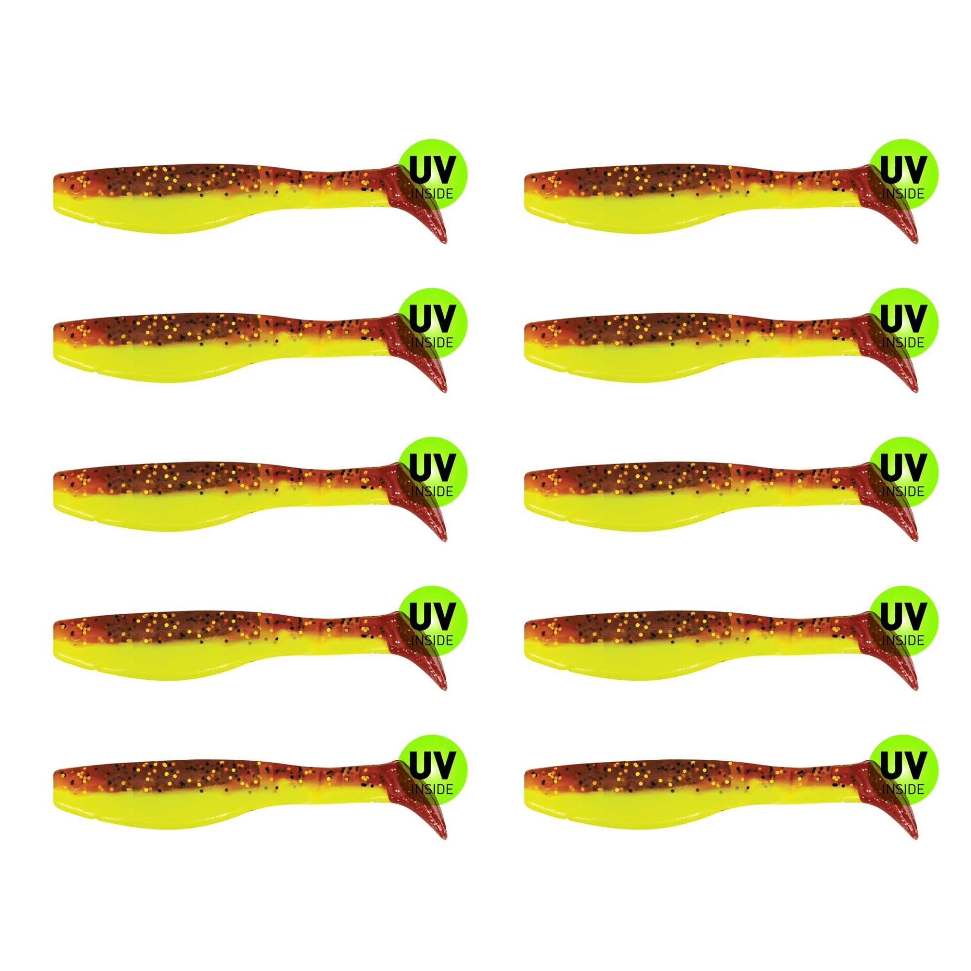 SX Relax Kopyto Classic 11cm (4") Fluogelb / Olivebraun Glitter / Red Tail 10 Stück – Bild 2, Soft plastic lure, Angelköder, Schlangen-Spinner?, Gelb Braun?, UV-Inside