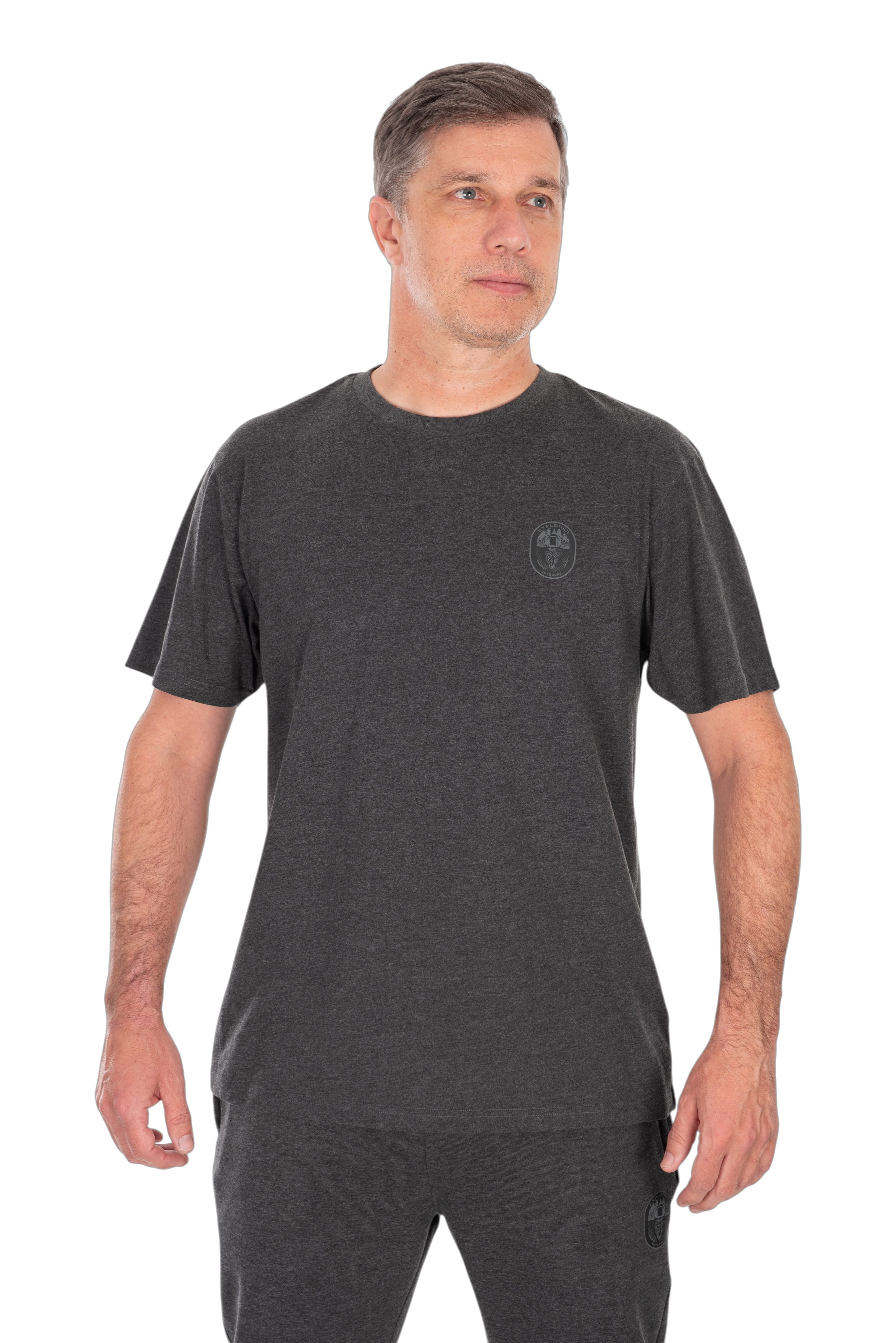 T-Shirt, kurzarm, dunkelgrau, Rundhalsausschnitt, kleines Logo