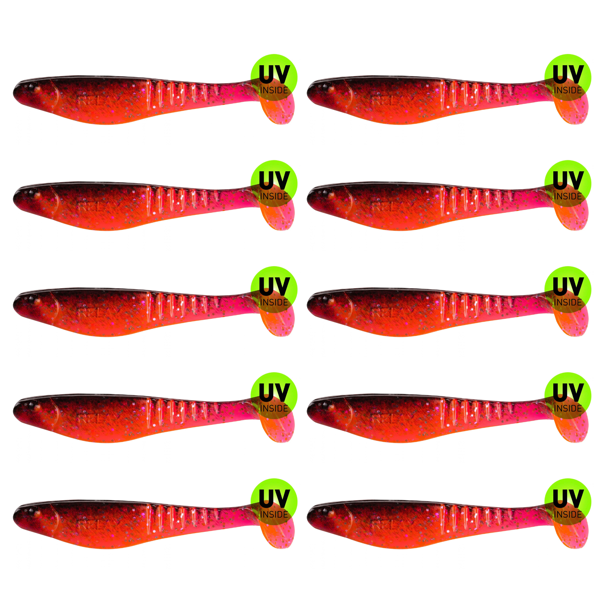 SX Relax Shark 11 cm (4") Hot Pink Glitter Schwarz 10 Stück – Bild 2, soft-plastic lure, fishing lure, glow pink, gruen UV sticker, swimbait
