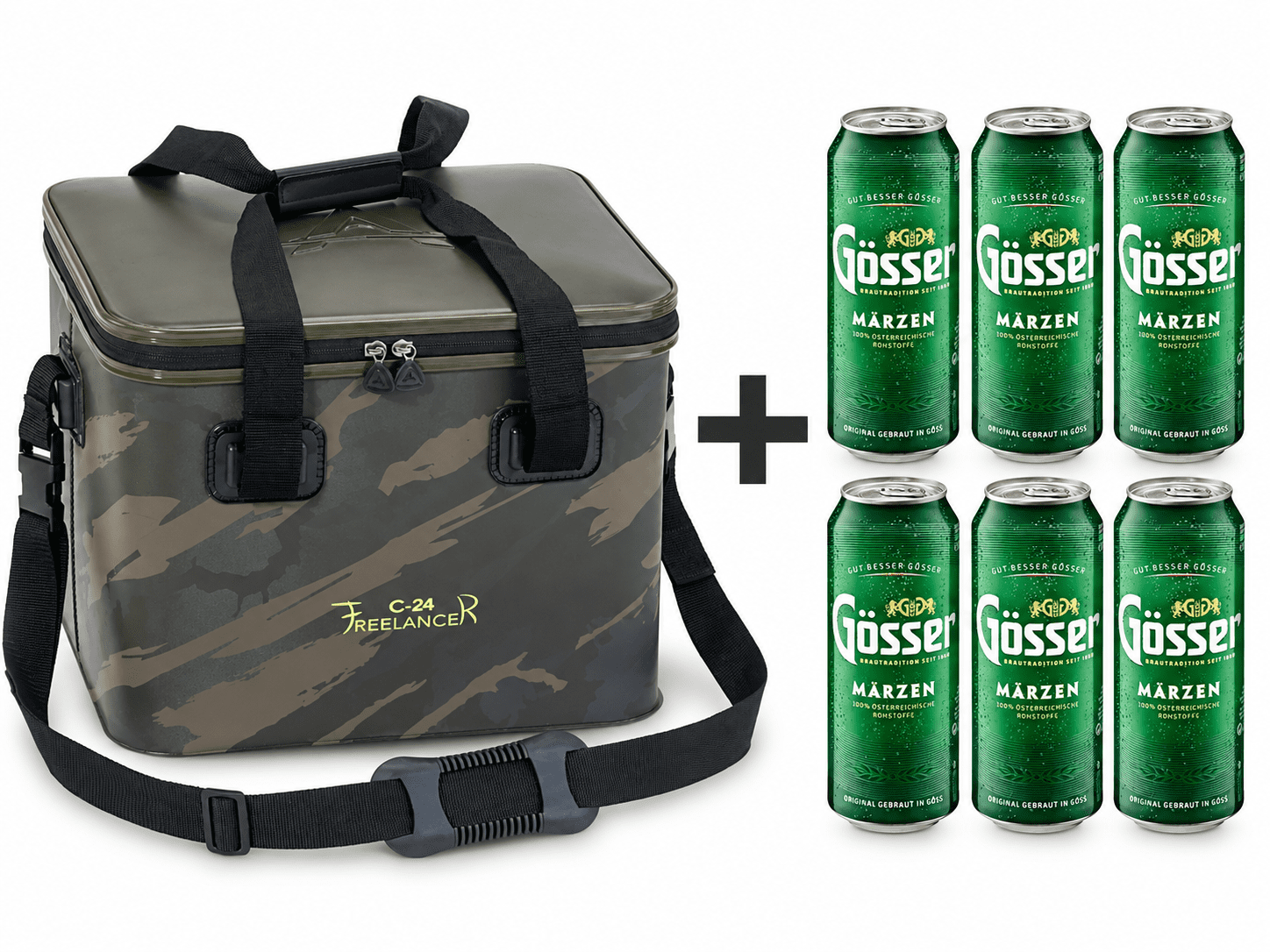 Kühltaschen Set Anaconda Freelancer Cool Case 24 + Gratis Sixpack Gösser Märzen 0,5 Liter, Kühltasche, Tarnmuster, Schultergurt, Bierdosen, 6er-Pack