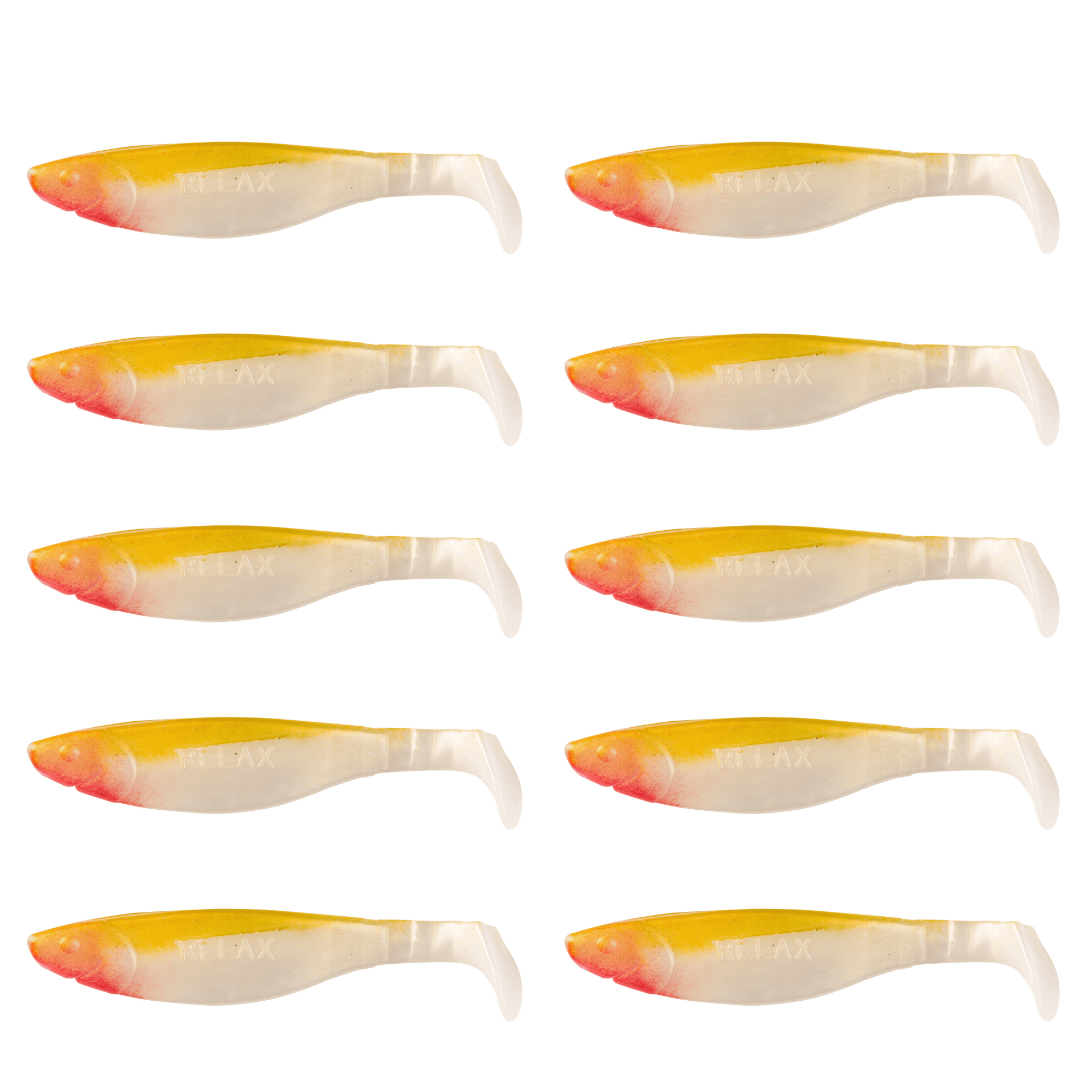 Relax Kopyto River 11c,(4") Goldperl Goldgrün 10 Stück – Bild 2, weicher Kunststoffköder, Fischköder, Weichbait, Gummiköder, Orange-Weiß-Verlauf