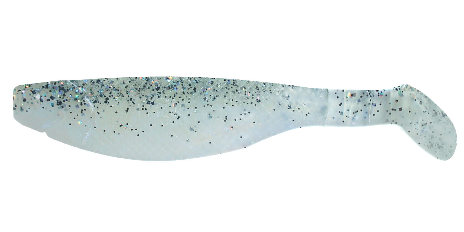 Relax Kopyto River 11cm (4") Blauperl / Klar Salt'n Pepper Glitter 10 Stück, Gummifisch, Flossenform, Schuppenmuster, Glitzer, Seewasser-Farbton