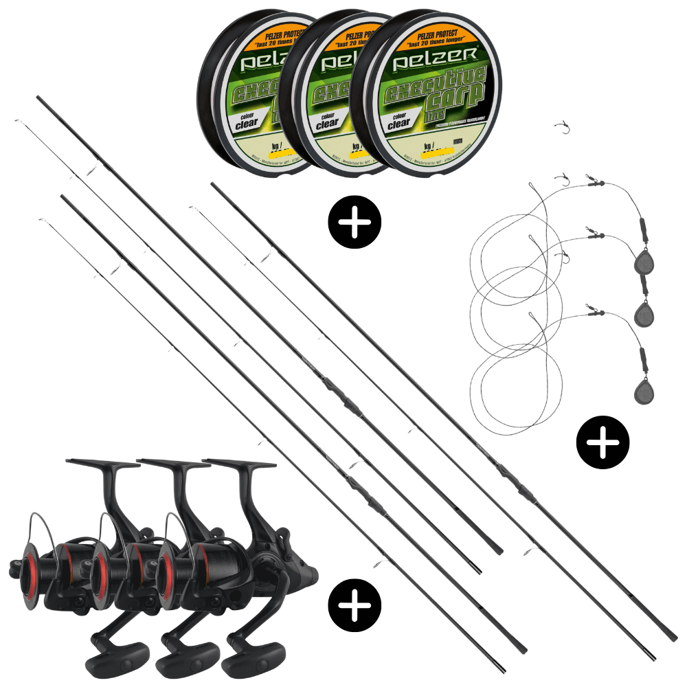 Set completo per carpe 3x Anaconda Nighthawk 3 13ft 3,5lbs + 3x Okuma Ceymar Baitfeeder 355 + 3x Pelzer Executive Line 0,28mm 8kg 400m + 3x GoFish Chod Rig 40g Draußen, Natur, Auf dem Land, Sprach, Ländlich