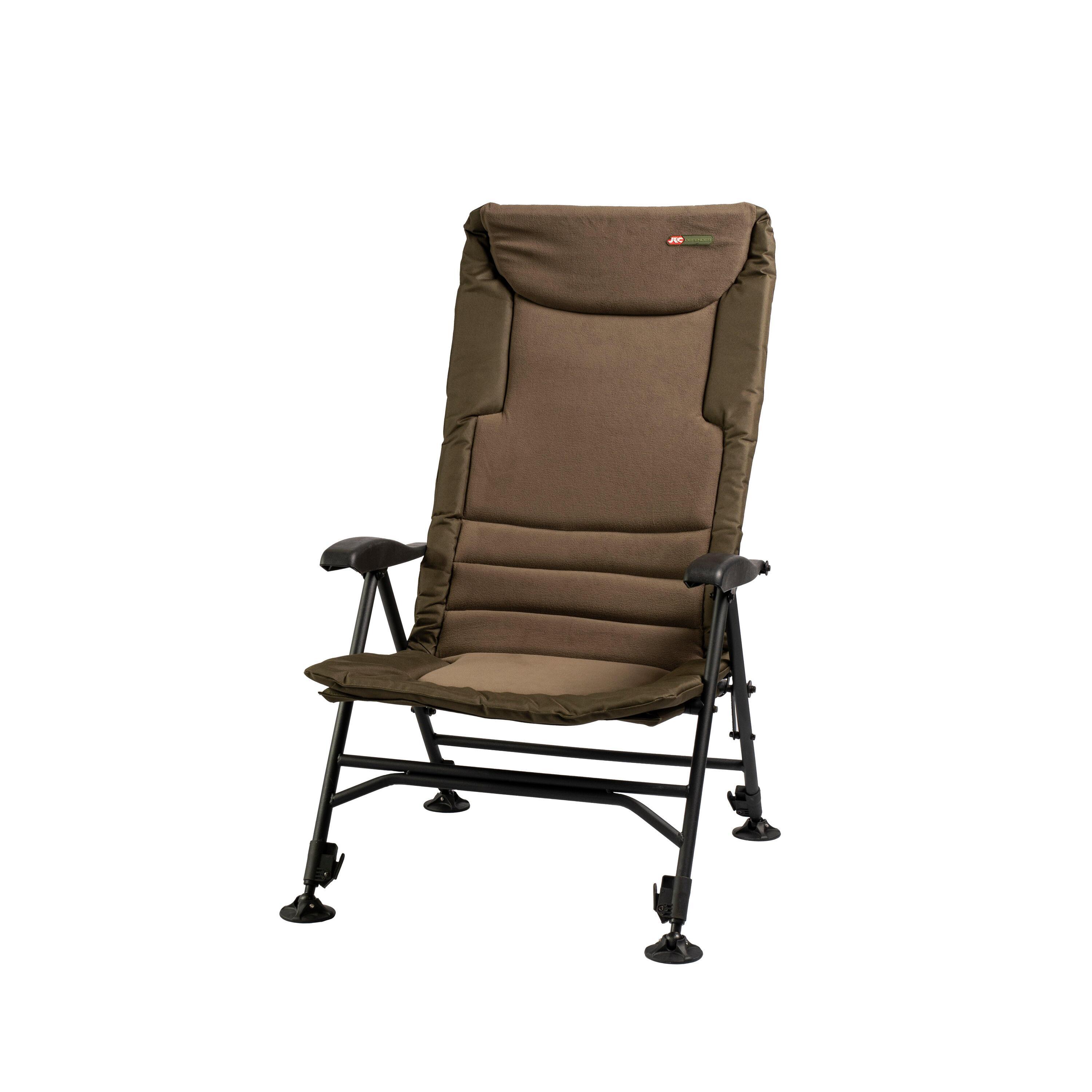 JRC Defender II Relaxa Hi-Recliner Arm Chair 150kg, Anglerstuhl, Klappstuhl, gepolstert, brauner Stoff, verstellbare Füße