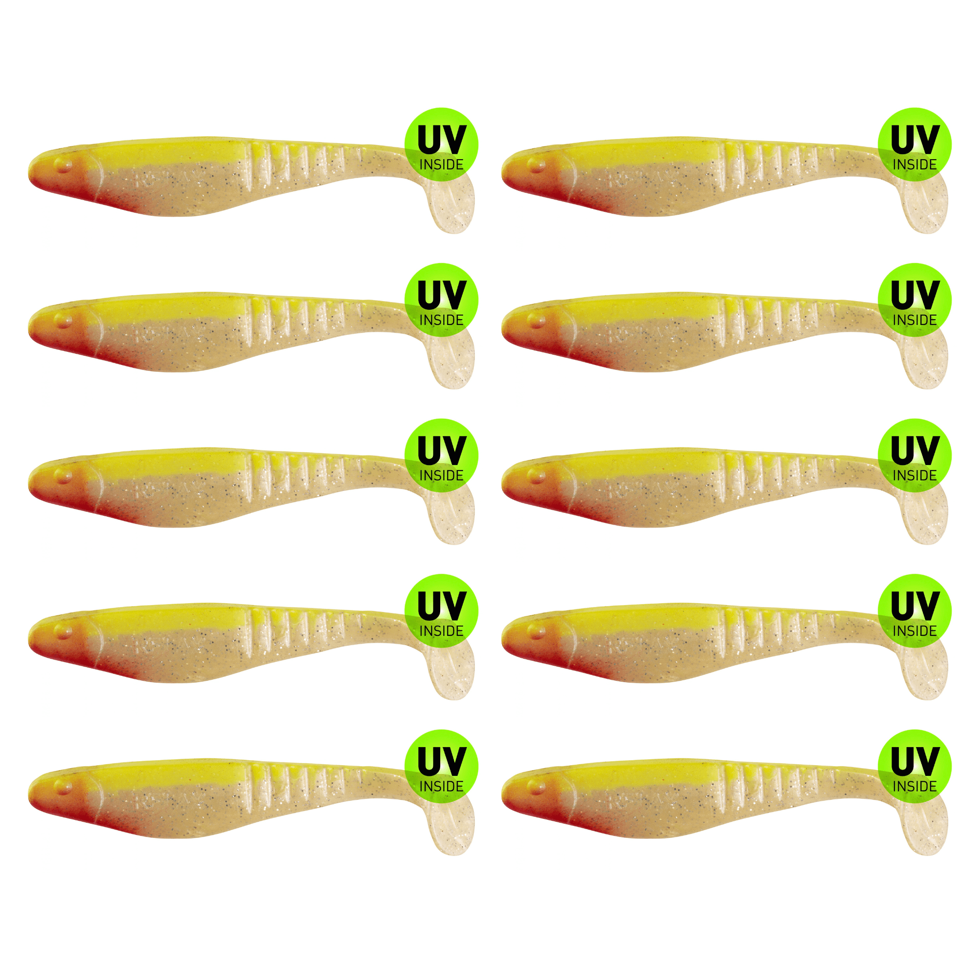 SX Relax Shark 11 cm (4") Perlweiß Glitter / Fluogelb 10 Stück – Bild 2, soft plastic lure, fishing lure, soft bait, green UV sticker, twin pack