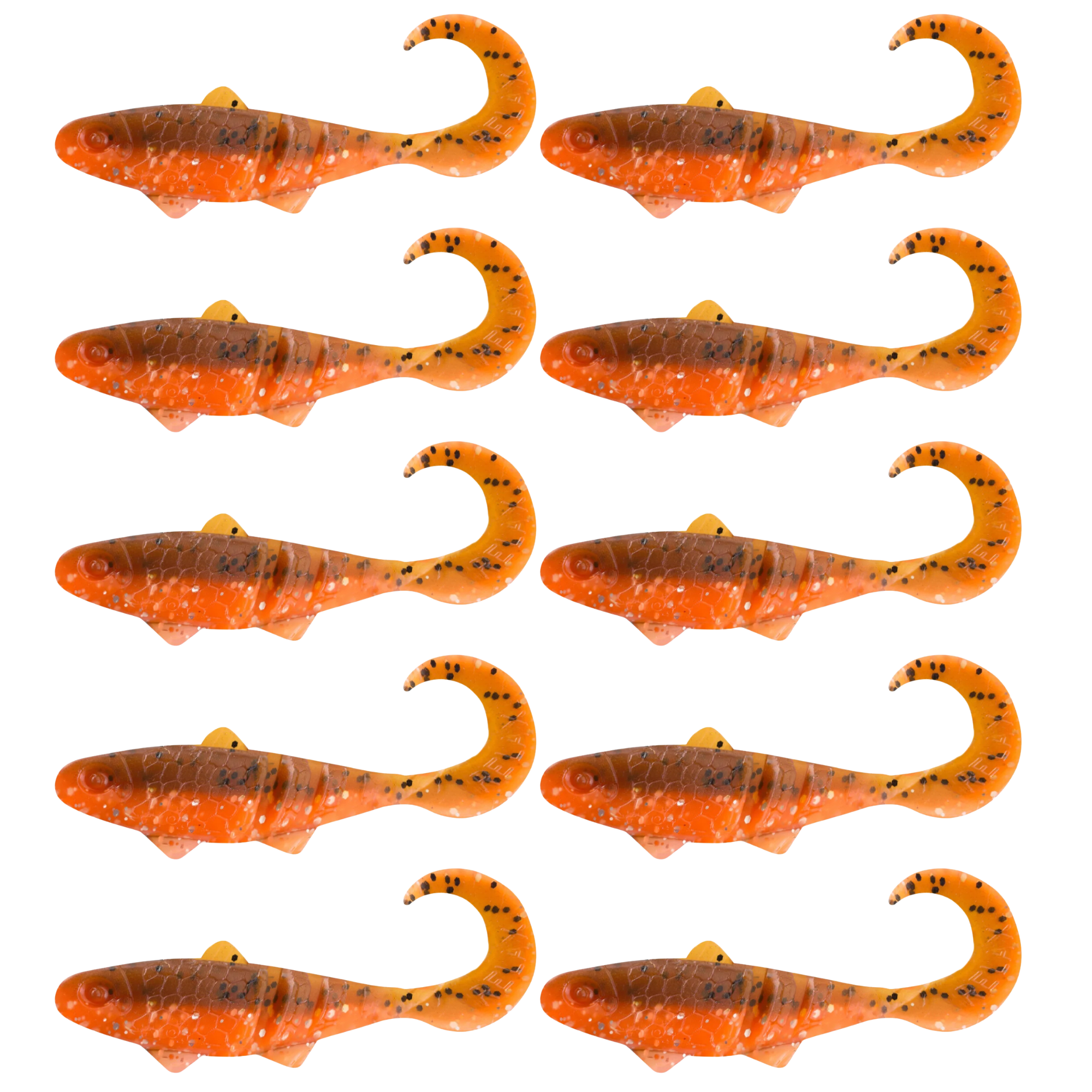 SX Relax Banjo Twister 5cm (2") Orange Glitter / Olivebraun Glitter 10 Stück – Bild 2, softe lure, orange fish, tadpole tail, plastic bait, patterned