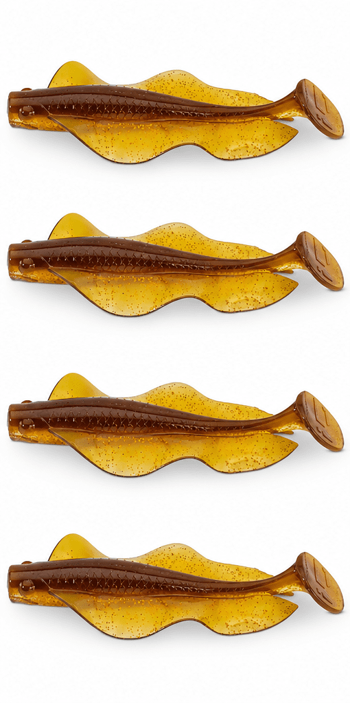 Iron Claw Hecht & Zander Wave Glider 13cm Real Motoroil 4 Stück, Kunstköder, Gummifisch, Angelköder, Braun-gelb, Paddelschwanz