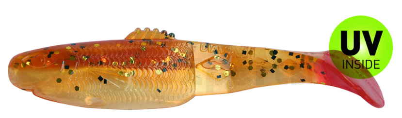 soft plastic lure, rubber lure, glitter flakes, orange tail, UV inside