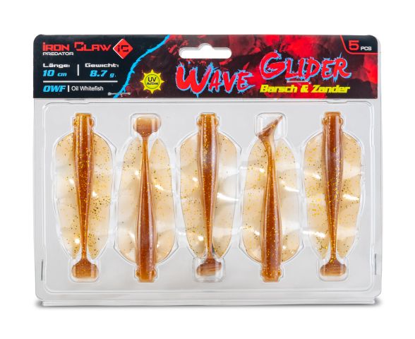 Iron Claw Barsch & Zander Wave Glider 10cm / Real Motoroil (RMO), Angelköder, Gummiköder, Fischform, Goldglitter, 5er-Pack