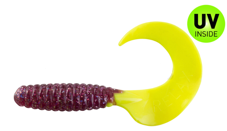weicher Köder, gekrümmter Schwanz, Gummibait, lila braun, UV-Innenmaterial