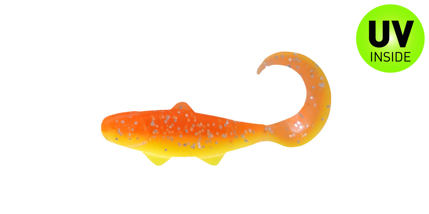 SX Relax Banjo Twister 3,5cm (1") Fluogelb Orange-Silber Glitter 10 Stück, Gummi-Lizard, Köderfisch, Gummifisch, Farbverlauf, UV-Inside