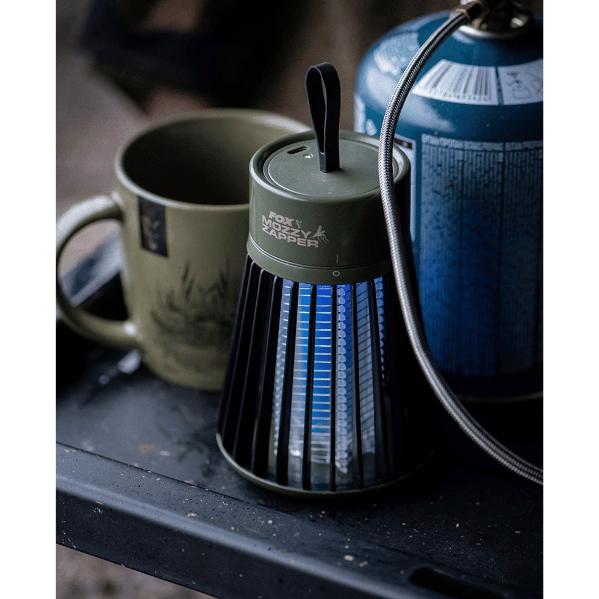 Camping, Lampe, Kaffeetasse, Gaskocher, Blue LED