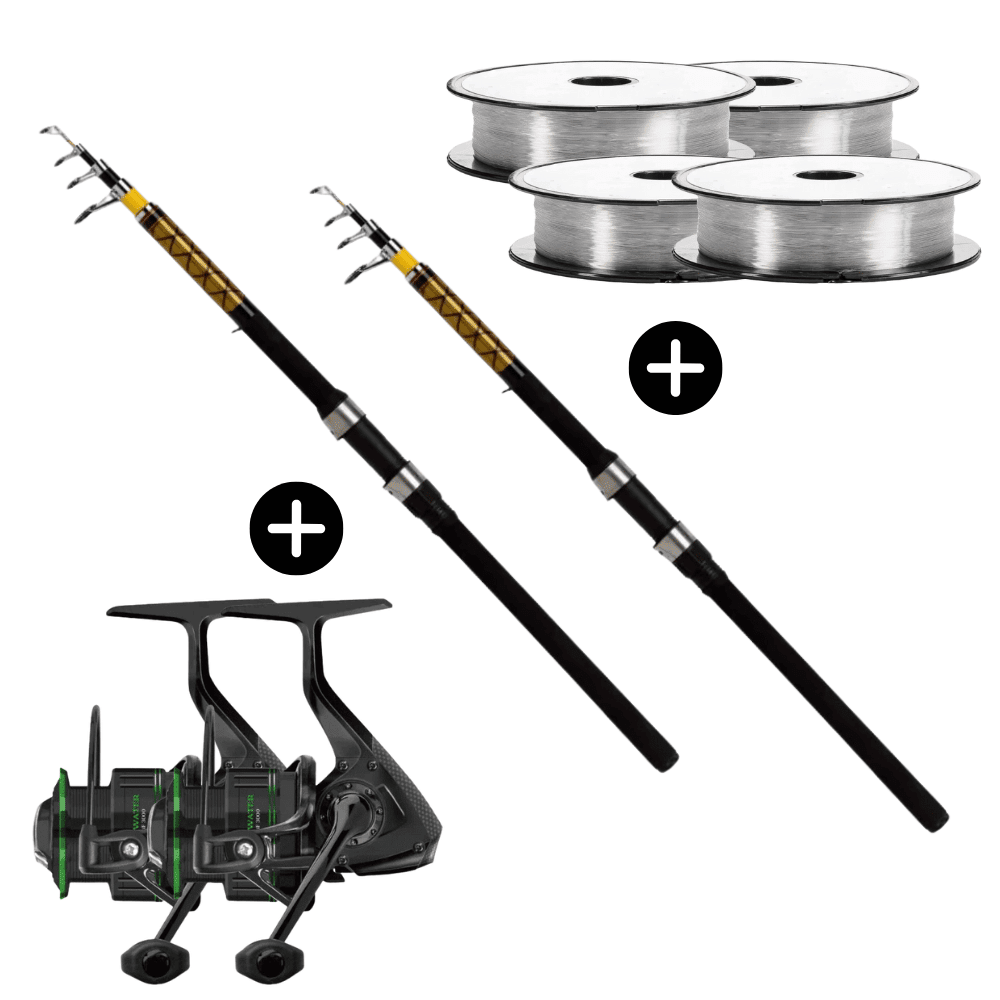 Allround Sets 2x WFT Never Crack Tele Universal 240cm 30-60g + 2x Cormoran Cross Water 3000 + 4x Go Fish Mono Karpfen Raubfisch Grundfischen Spinnfischen Posenangeln